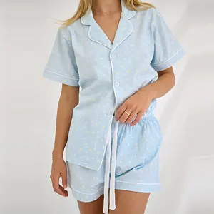 Custom Summer Pijamas Women's Digital Print 2 Piece Light Blue Short Sleeve Modal Sleepwear Pajama Set Women