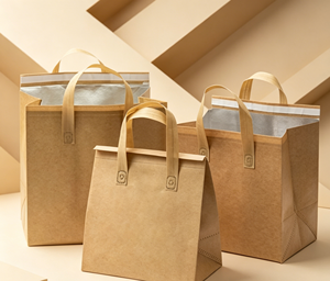 Insulated tote bag made of thickened kraft-textured non-woven fabric with reinforced stitched webbing <b>handles</b> - Product Image 5
