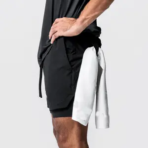 Laufen atmungsaktive Männer 2 in 1 Schichten Sport bahn Workout High Waist Gym Shorts mit Taschen