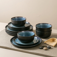 EKA Lot de 12/16/18 couverts en grès de haute qualité, ensemble de bols et assiettes, ensemble de vaisselle en céramique couleur glaçure double face