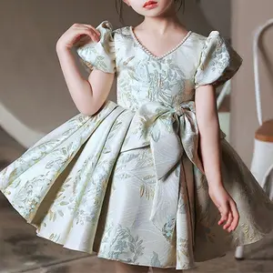 Girls' dress with big bow decoration 2024 new green floral cloth puff sleeve skirt dance girl floral children's dress