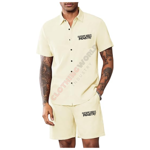 Men's Casual Summer Outerwear <b>Set</b> Breathable <b>Knitted</b> Weaving Solid Color Short-Sleeved Suit Collar Two-Piece - Product Image 1