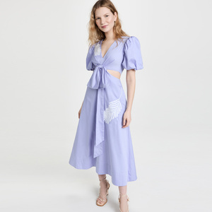 חדש אופנה נשים מקרית v צוואר אלסטי פאף קצר שרוול חלול החוצה תחרה עד כיס כותנה רקום שמלה - Product Image 3