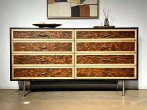 Aparador Moderno de Mediados de Siglo con Chapa de Madera de Burl, Gabinete de Almacenamiento con 8 Cajones, Patas de Metal Pulido, Mueble para Sala de Estar - Product Image 2