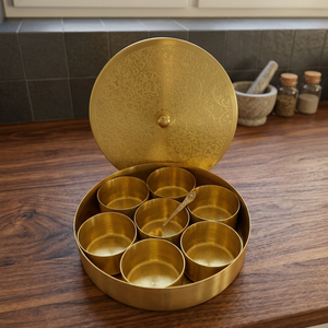 Premium Round Brass Spice <b>Box</b> with 7 Katori Containers Etched Floral Art Lid Luxury Indian Masala Dani Kitchen Organizer Set - Product Image 1