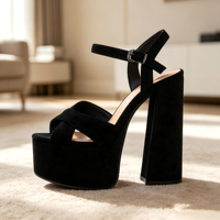 Sandales à plateforme en daim noir pour femme, à talon haut, à brides croisées, bout ouvert, bride cheville, talon carré, boucle, pour soirée, club, ou tenue habillée