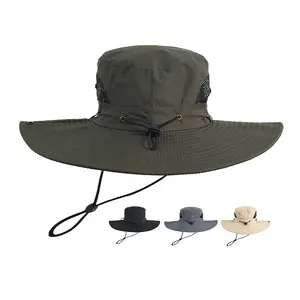 Chapéu Boonie tático de verão ajustável para caminhadas ao ar livre, chapéu balde de pescador com corda, chapéu balde de pesca masculino de aba larga