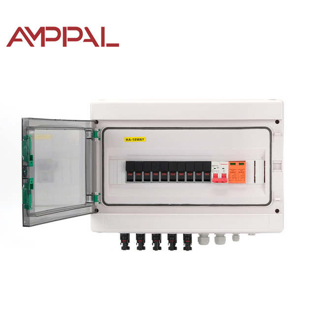 AMPPAL 500V MCB SPD IP65 Waterproof Solar Distribution Box Monitor Lightning Protection DC PV Combiner 5 Inputs 1 Output 18 Way