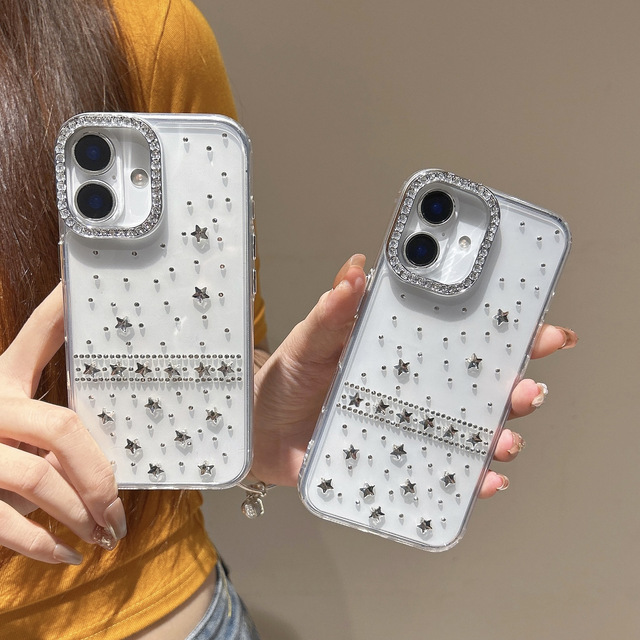 INS Aesthetic Glitter Diamond Camera Phone Case for iPhone 17 16 15 14 13 12 Pro Max Transparent Shiny Rhinestone Stars Cover