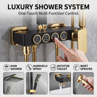 Système de douche mural noir poli haut de gamme, ensemble complet avec mitigeur thermostatique triple poignée pour baignoire eau chaude/froide et fonction pluie