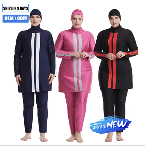 Aangepaste Vrouwen <span class=keywords><strong>Plus</strong></span> <span class=keywords><strong>Size</strong></span> Moslim Gestreepte Burkini 'S 2 Delige Set Volledige Dekking Bescheiden Hijab Islamitische Badkleding Met Logo Aan De Voorkant - Product Image 1