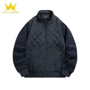 Men's <strong>Navy</strong> Blue Diamond Quilted Bomber <strong>Jacket</strong> Zip up Ribbed Collar Warm <strong>Padded</strong> Coat With Flap Pockets - Product Image 3