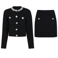 Ensemble femme 2616 de haute qualité, tendance été-automne, cardigan à manches longues en tricot extensible luxueux avec diamants, jupe courte