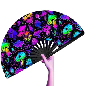 Customized Print Rave Hand Fan Large Folding Fans for Festivals Neon UV Reactive Party Bamboo Hand Fan