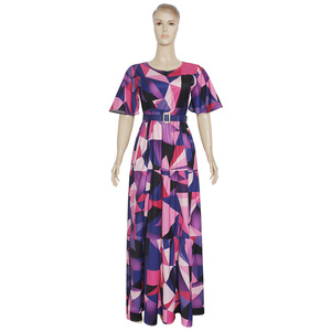 Jupe longue imprimée à motifs contrastés, nouvelle robe africaine pour femmes au style doux et frais avec col rond et motif quadrillé - Product Image 1