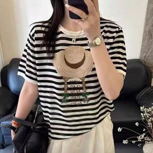New <strong>Black</strong> <strong>and</strong> <strong>White</strong> <strong>Striped</strong> Knit T-Shirt for Women, Loose Slimming Breathable Versatile Short <strong>Sleeve</strong> <strong>Top</strong>, Casual Summer Tee - Product Image 3