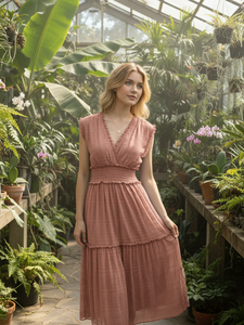 Vestido elegante sin mangas con cuello en V, volantes escalonados y encaje de malla - Product Image 3