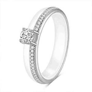Women's <b>Ceramic</b> <b>Ring</b> 4mm Round Zircon Prong Setting Engagement Jewelry Steel White Black Gold Color - Product Image 2
