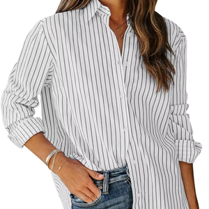 Camicie da donna primavera 2025 con bottoni <span class=keywords><strong>blu</strong></span> rosa camicia <span class=keywords><strong>a</strong></span> <span class=keywords><strong>righe</strong></span> nere con stampa <span class=keywords><strong>a</strong></span> maniche lunghe camicette da lavoro da ufficio con colletto - Product Image 2