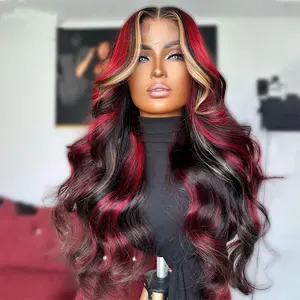 Pre Plucked Hairline With Baby Hair Red Blonde With Black Wavy Highlight Wigs Mixs Color 13X4 Human Hair Lace Front Wigs
