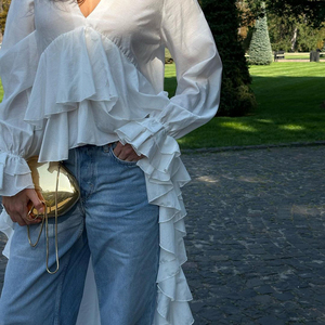 Abbigliamento moda ultimo Design elegante camicetta a maniche lunghe Top estivo 2025 donna donna bianco <span class=keywords><strong>con</strong></span> <span class=keywords><strong>volant</strong></span> Top Para Mujeres - Product Image 2