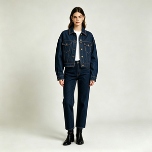 Leduo Customized Women <b>Dark</b> <b>Indigo</b> Cropped Denim Jacket Relaxed Fit Long Sleeve Casual <b>Jean</b> Coat - Product Image 1