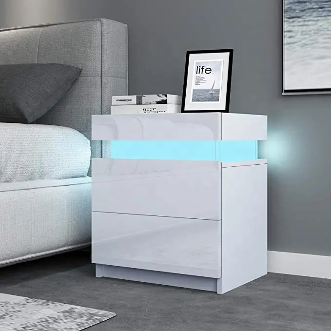 Hot Sale High Gloss LED Lights Bedroom Bedside Cabinet Night Stand With Two Drawers