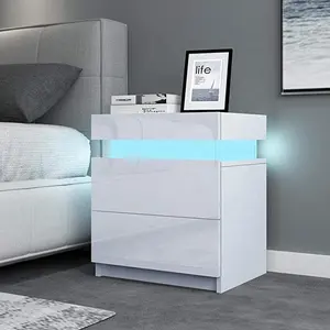 Hot Sale High Gloss LED Lights Bedroom Bedside Cabinet led night stand with two drawers mdf nightstand