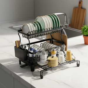 Escurridor de Platos de 2 Niveles con Soporte para Vasos y Tabla de Cortar, Escurridor de Cocina Grande, Diseño Moderno en Acero Inoxidable Negro - Product Image 2
