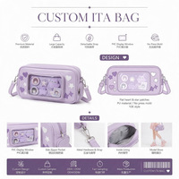 Sac à bandoulière Ita Bag personnalisé bleu brume en PU avec fenêtre en PVC, appliques et motif dessin animé, sac à main Itabag pour usage quotidien