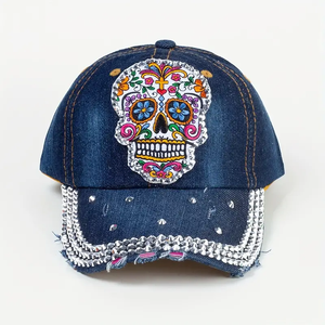 Cappellino da Baseball Vintage in Denim con Teschio di Zucchero e Strass Ricamati, Tema Giorno dei Morti, Regolabile a 6 Pannelli, Unisex, Primavera/Estate - Product Image 2