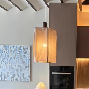 Lampe suspendue de style Wabi Sabi, abat-jour rectangulaire en tissu, base d'ampoule LED E27, pour restaurant, salon de thé, salon, rétro japonais - Product Image 5