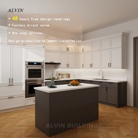 Ensembles complets d'armoires de cuisine Shaker Alvin blanches et gris foncé avec îlot, cuisine modulaire en bois sur mesure