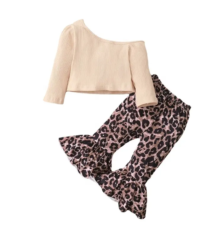 Baby Autumn Leopard Clothes Set Infant One Shoulder Shirt Flare Pants 2pcs Outfit Girls Leopard Printed Clothes