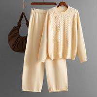 Automne hiver 2025 femmes câble tricot pull ensemble pull ample haut et pantalon à jambes larges 2 pièces tricoté salon costume pour les femmes