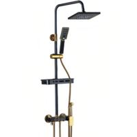 Ensemble de douche thermostatique moderne de luxe noir et or en acier inoxydable, avec barre coulissante, à commande unique et fonction pluie, style touches de piano