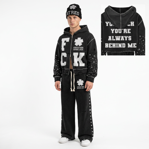 Conjunto de chándal unisex de moda urbana con capucha, cremallera completa, efecto desgastado, sudadera, pantalones y gorro, ropa casual para hombre. - Product Image 1