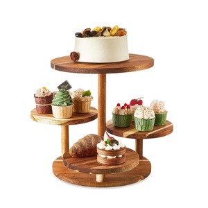 Présentoir à gâteau rond à 2 niveaux avec assiette en bois de manguier et base de couleur naturelle Présentoir à gâteau de fête de mariage à la maison - Product Image 6