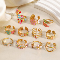 Bague tendance ajustable en acier inoxydable plaqué or avec fleur artisanale en émail coloré motif goutte d'huile pour femme