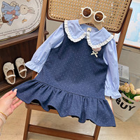 Ensemble deux pièces pour filles : chemise à col marin et robe-veste en jean à pois – Tenue scolaire d'automne pour enfants