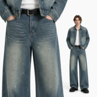 Ensemble 2 pièces homme hiver en denim tricoté thermique imprimé numérique, effet éclaboussures de peinture, délavage vintage, vente en gros