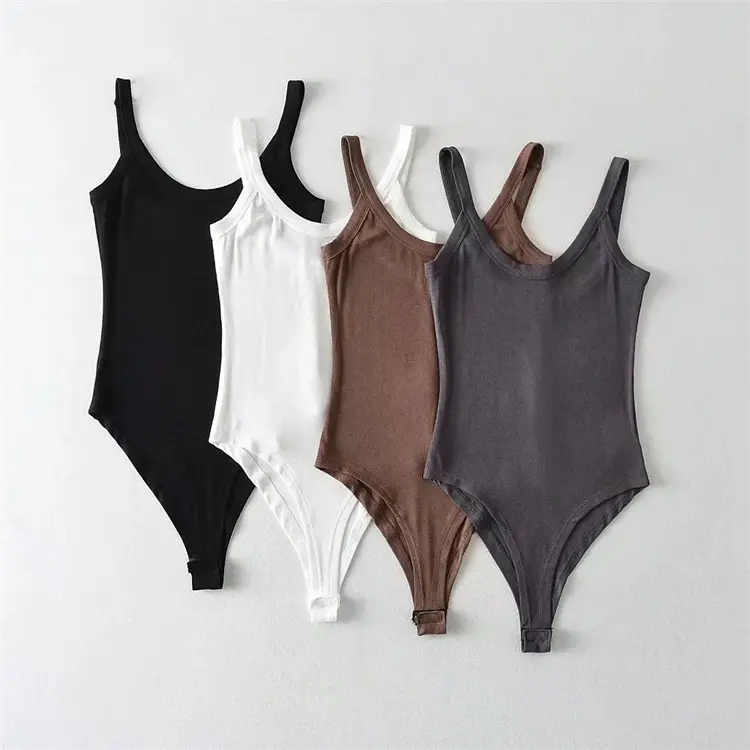 Bodysuit Kasual Wanita, Bodysuit Olahraga Tanpa Lengan Warna Polos untuk Perempuan