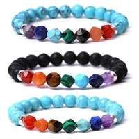 Bracelet de perles de 8 mm en agate rouge naturelle colorée et améthyste, pierres à facettes, fait main, avec turquoise, pour la guérison énergétique et le yoga