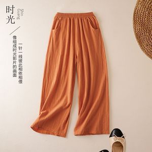 Summer Cotton Linen Cropped Wide Leg Pants With Pockets Loose Fit Breathable Casual Women's Trousers Orange - Product Image 1