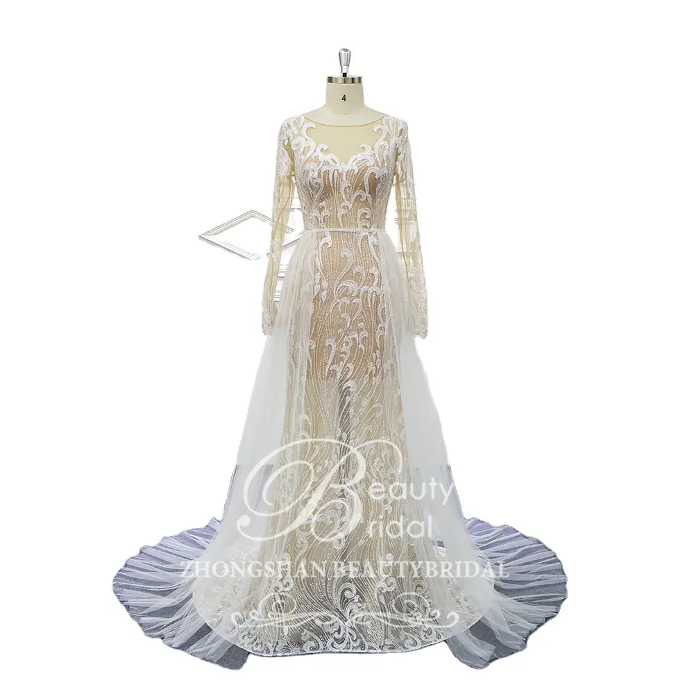 Hot sale design beading on bodice princess mermaid bridal wedding dresses with removable tulle overskirt