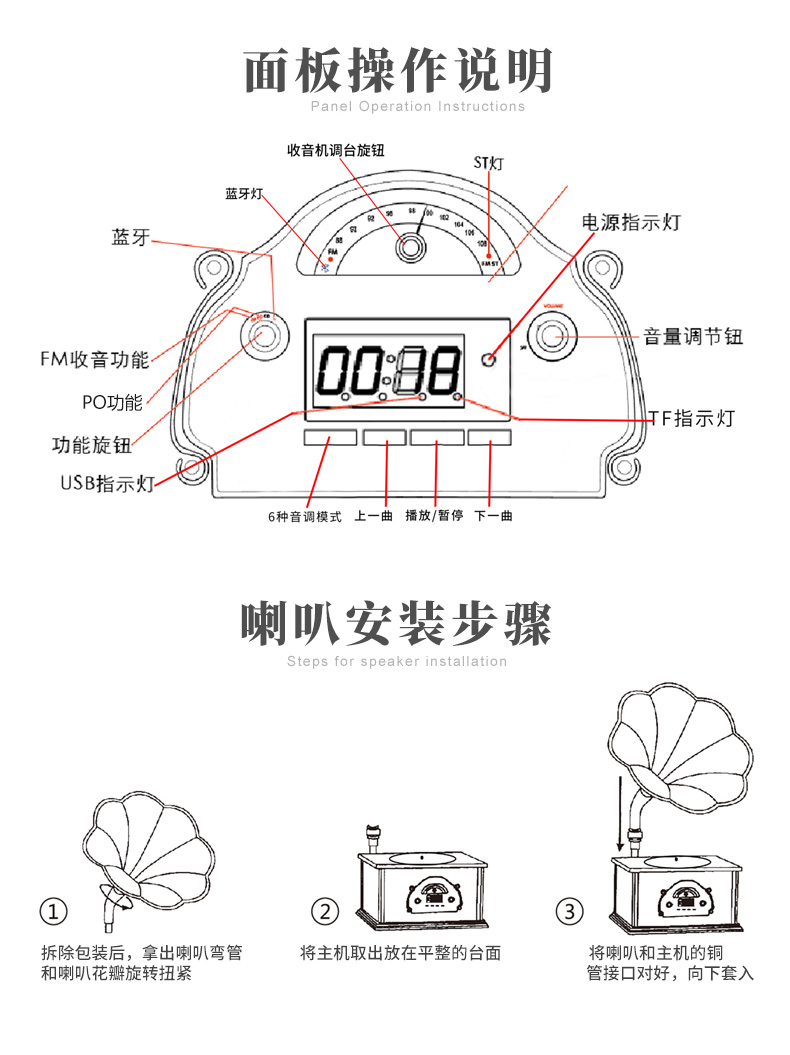 The most economical and the latest model  Various colors wireless phonograph record player gramophone with  a brass  horn