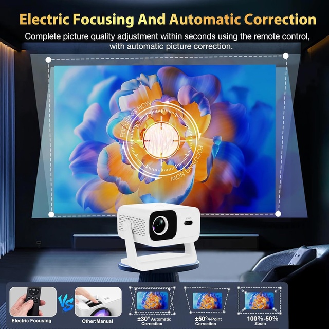 Auto Keystone Electric Focus Full HD Native 1080P Android 9 System Smart Phone Projector 4K Outdoor 5G WiFi BT for Home Theater
