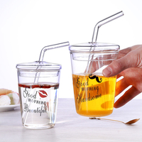 Gobelet à paille en verre borosilicate à prix abordable, imprimé mignon, avec couvercle