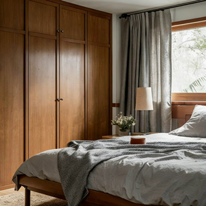 Armoire en bois brun chaud BALOM avec portes à charnières, armoires de rangement minimalistes personnalisées, meubles de chambre à coucher, meilleur prix - Product Image 1