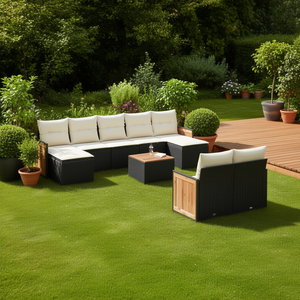Ensemble de canapés de jardin modulaires en polyrotin noir, mobilier d'extérieur élégant avec coussins en mousse haute densité pour usage en terrasse - Product Image 2